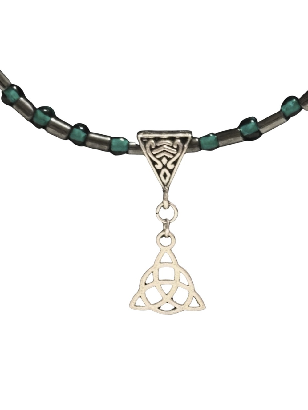 Silver Trinity Knot Pendant Beaded Necklace in Teal, Black and Silver